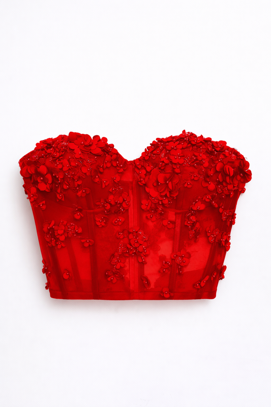 Sample 3D Floral Bustier Red, Size 22-24