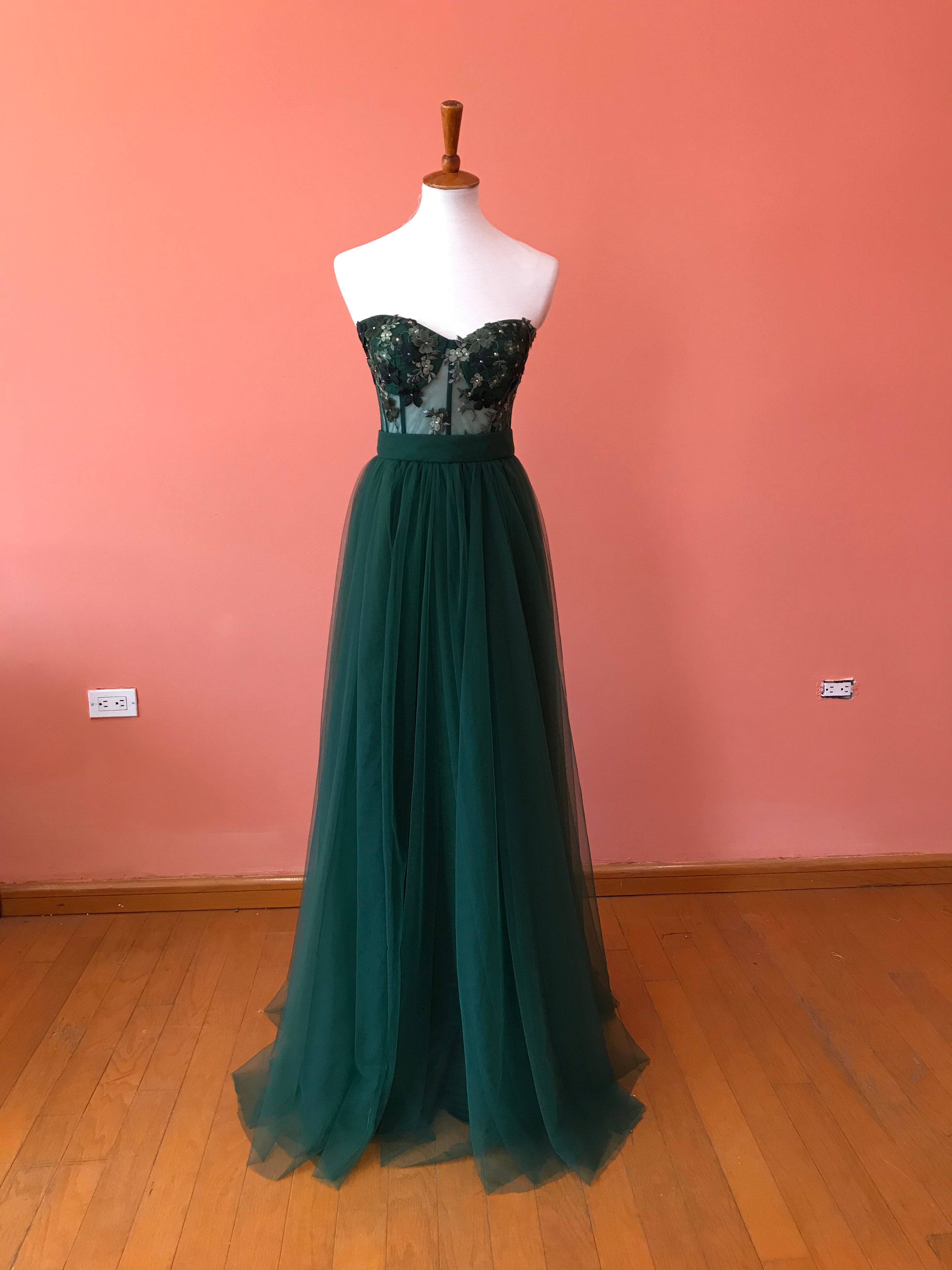 Short 3D flower bustier set and long tulle skirt Forest green Embroidered straps Size 8 and 10 cup A IMMEDIATE SHIPPING/DELIVERY