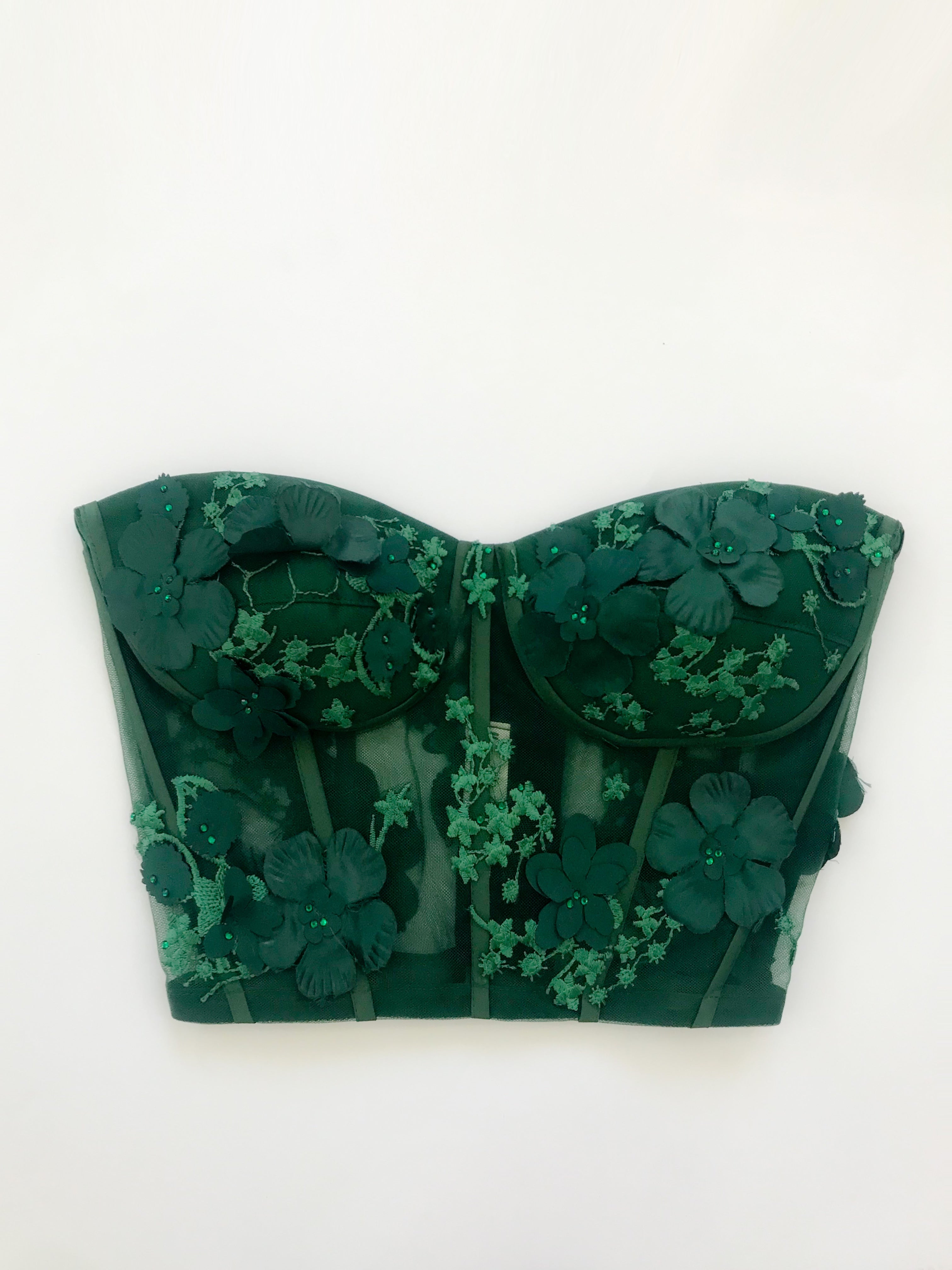 Limited Edition Forest Green 3D Flowers Bustier Short Removable Straps Made to Measure Cup C IMMEDIATE SHIPPING/DELIVERY