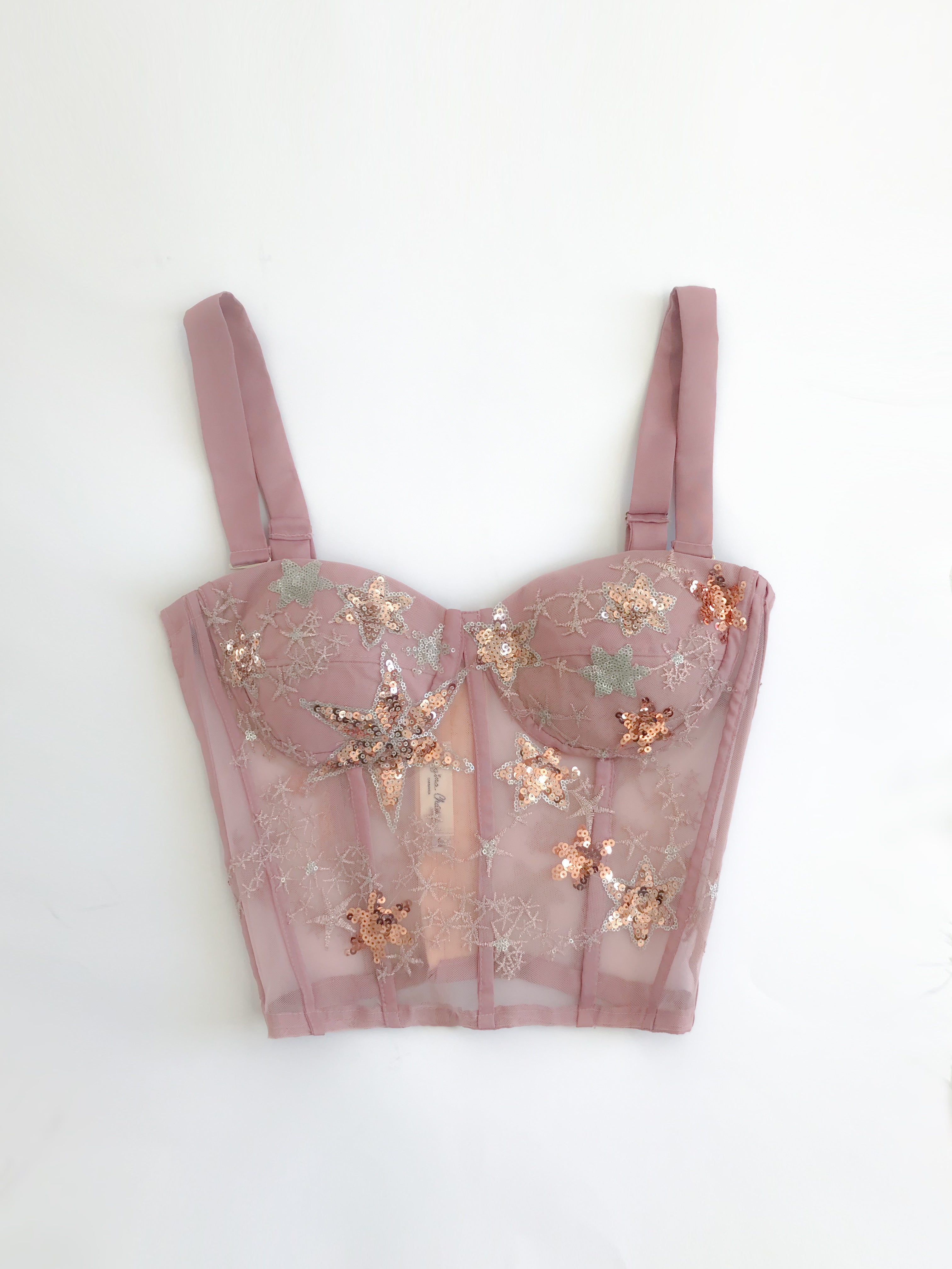 Old Rose Stars Long Bustier Removable Straps Size 8 Cup C IMMEDIATE SHIPPING/DELIVERY