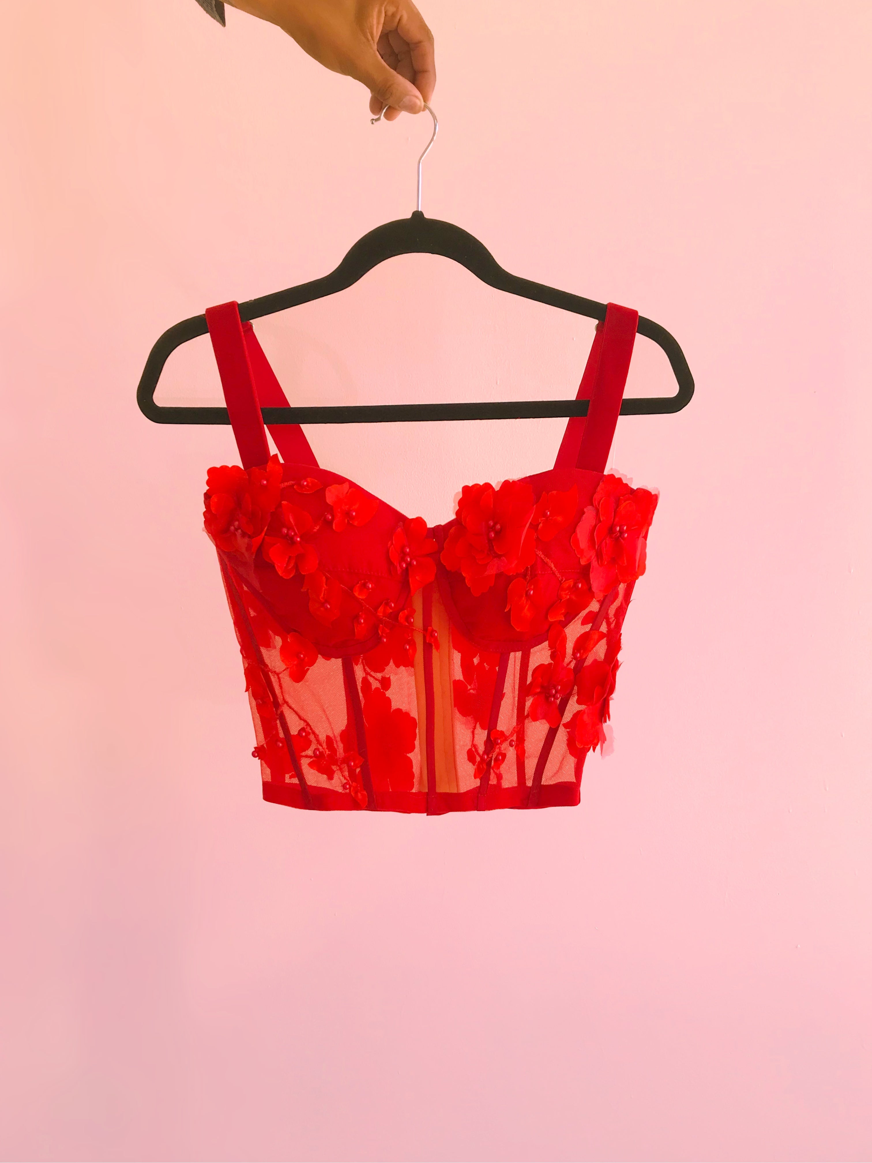 Red Long Rose Bustier Removable Straps Size 6/8 Cup C IMMEDIATE SHIPPI