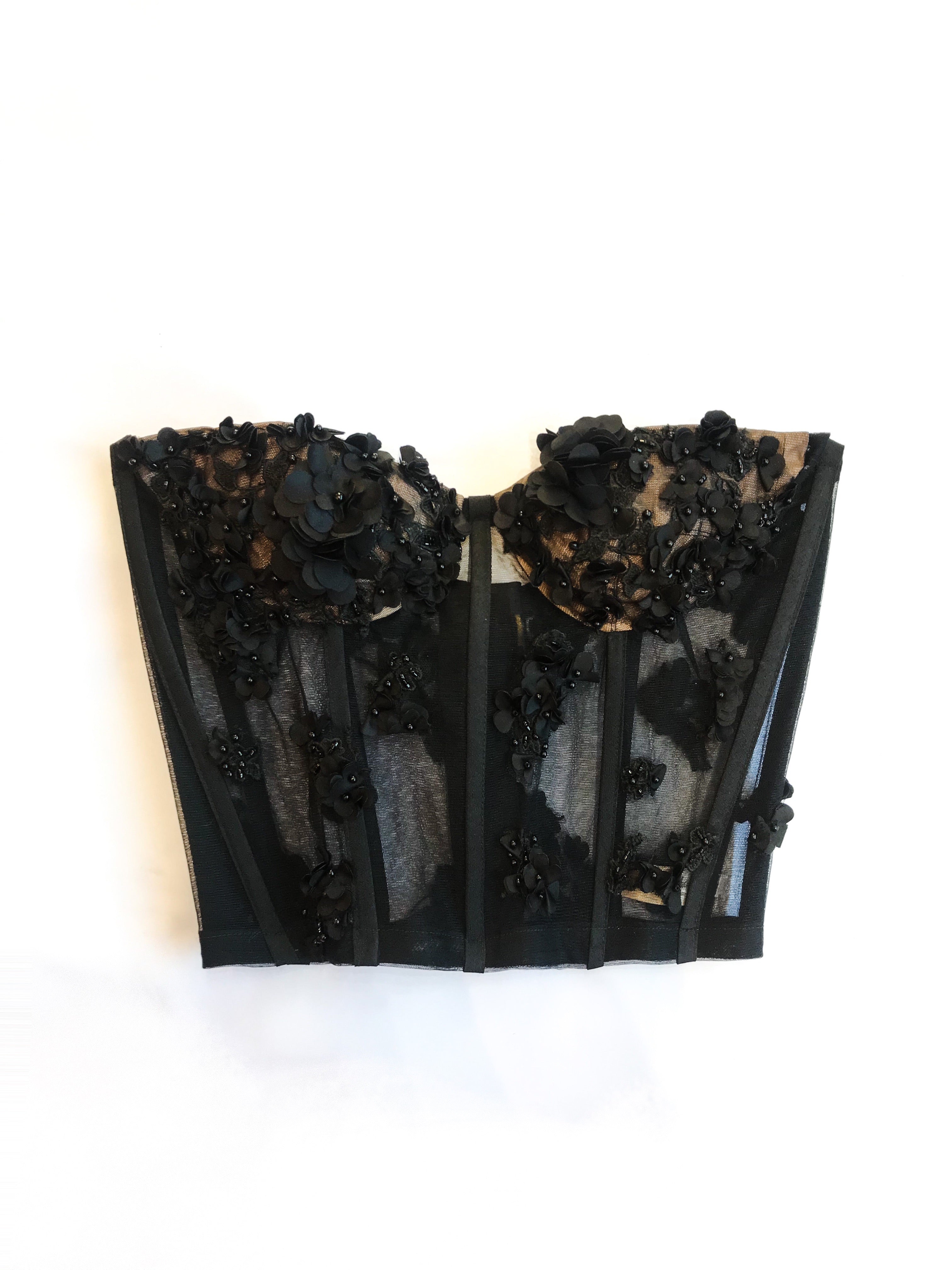 3D Flower Lace-Up Bustier Crop Top in Black - Retro, Indie and Unique  Fashion