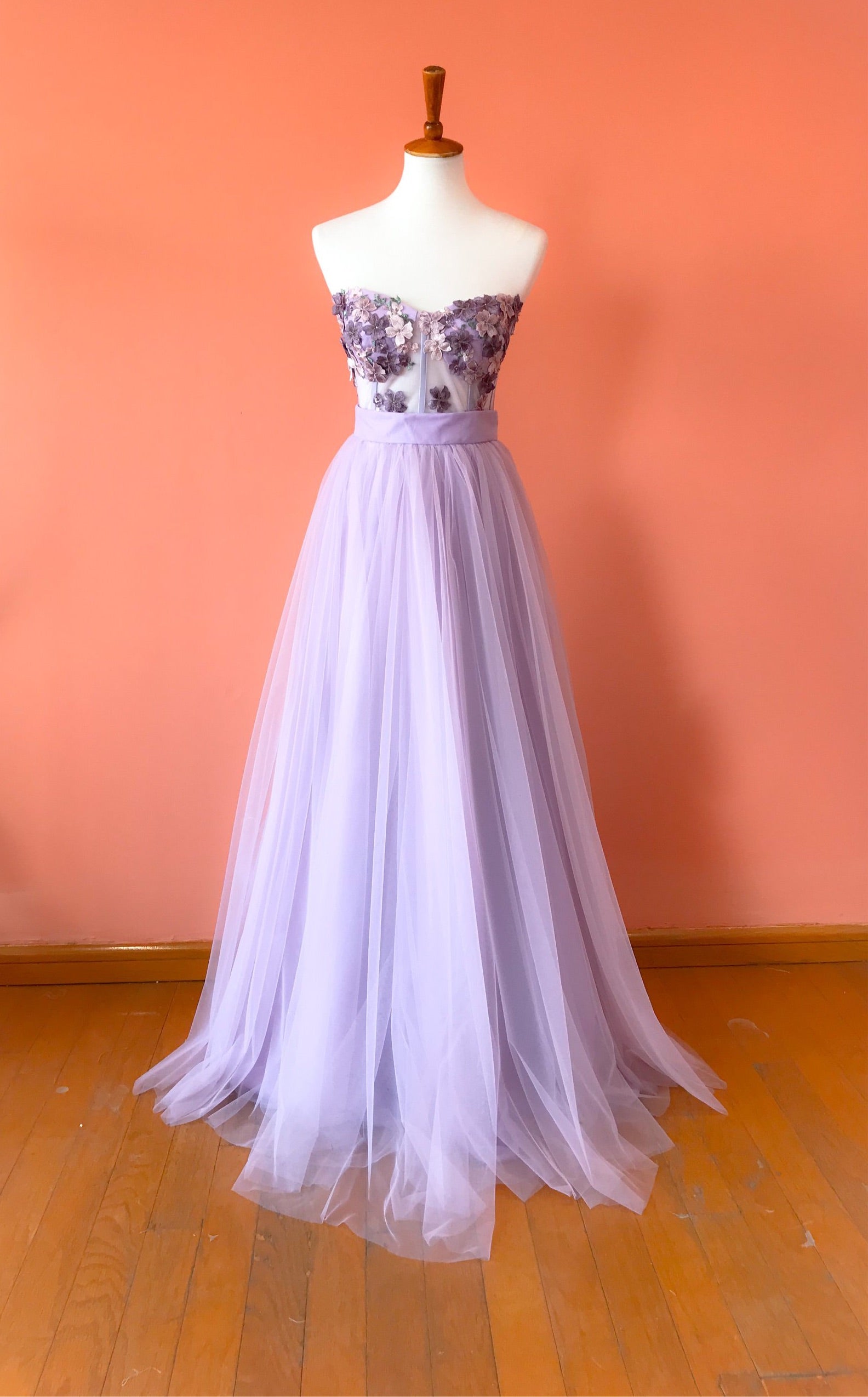 Hydrangeas Bustier and Lilac Tulle Skirt Set size 10 C cup long IMMEDIATE SHIPPING/DELIVERY